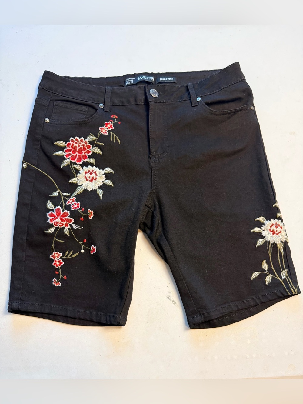 Sandpiper Black Embroidered Floral High-Rise Bermuda Shorts